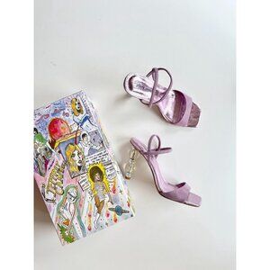 JEFFREY CAMPBELL Gema Lilac Metallic Suede Clear Beaded Heel Sandals, Size 8